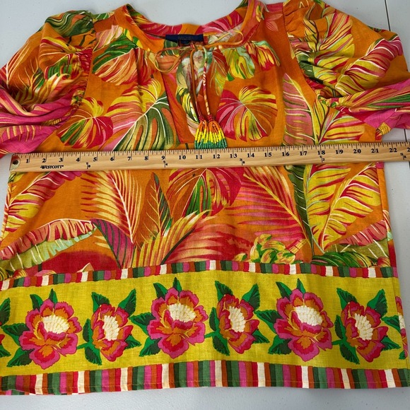 Rachel Roy Linen Blend Top Size M Floral‎ Tropical Colorful Beaded Tassels - Picture 7 of 11